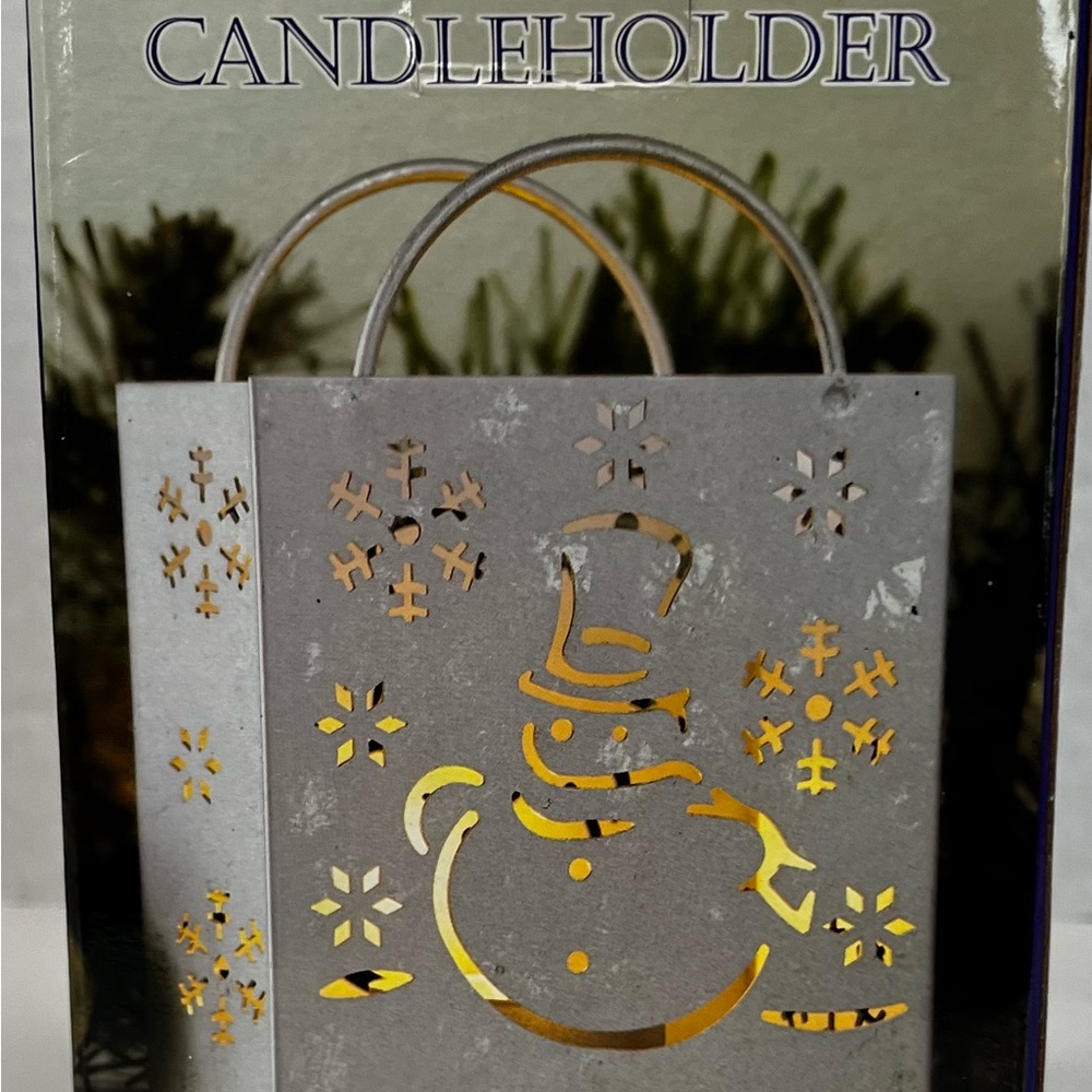 NIB SilverTone Metal Snowman Cut-Out Pattern TeaLight Candleholder Holiday Decor